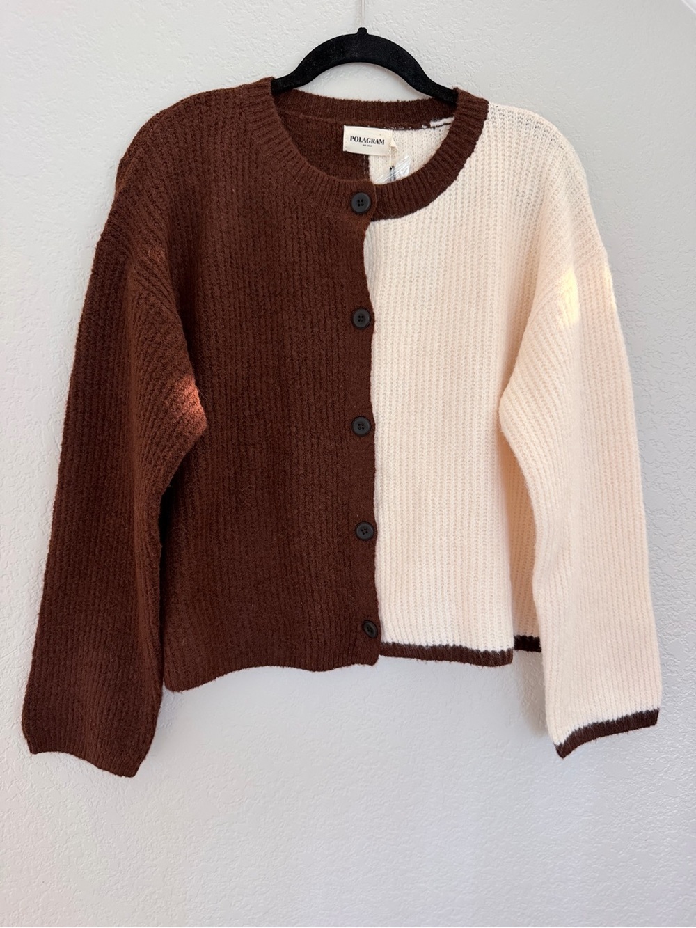 NWT Polagram Color Block Cardigan Sweater Brown Cream Size M